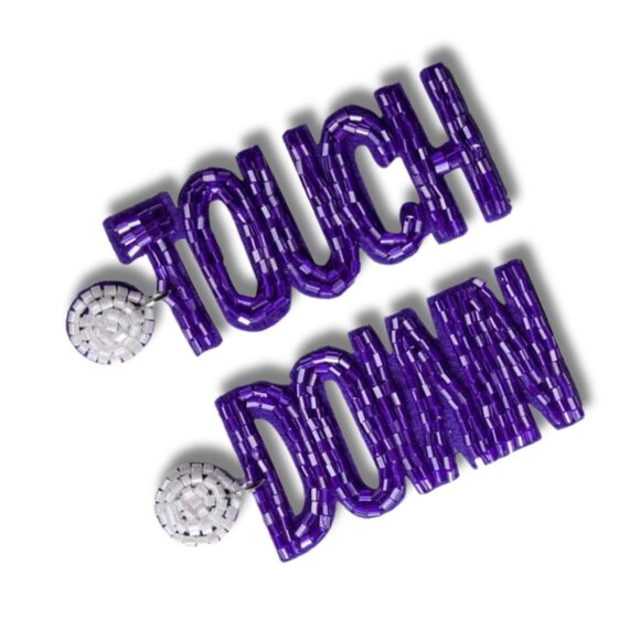NEW TCU TEXAS CHRISTIAN UNIVERSITY BEADED WHITE & PURPLE EARRINGS TOUCHDOWN - Picture 2 of 3